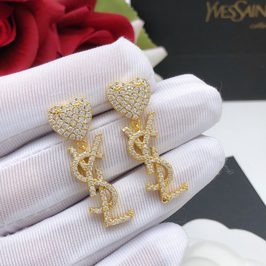 Saint Laurent Crystal Heart Monogram Drop Earrings in Two Metal Tones - album image 3