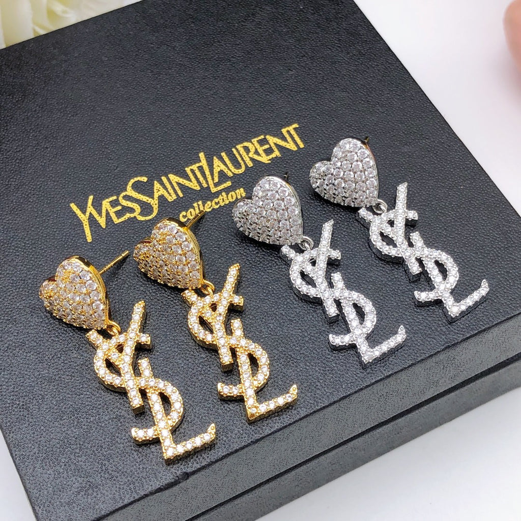 Saint Laurent Crystal Heart Monogram Drop Earrings in Two Metal Tones - album image 7