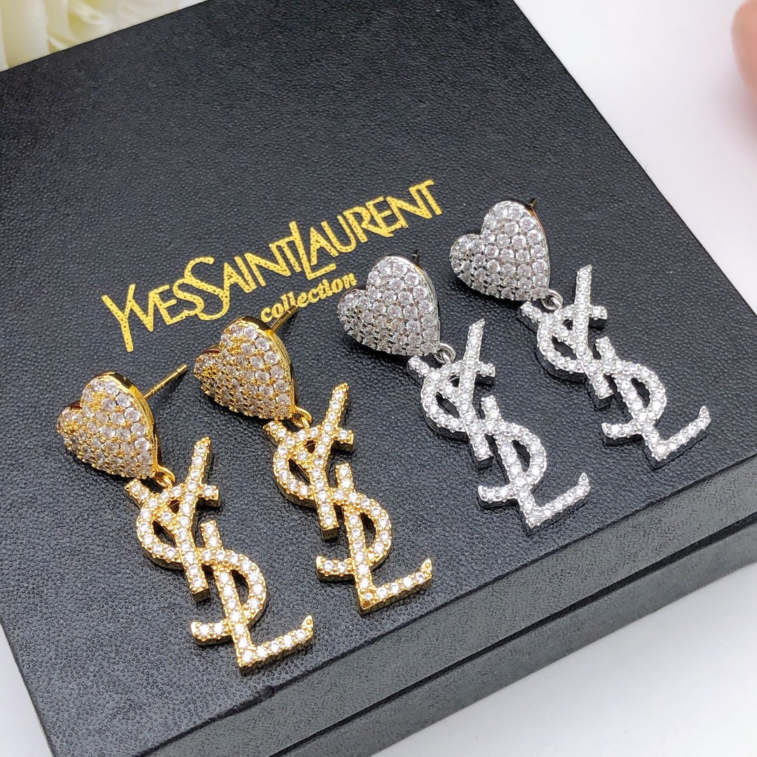 Saint Laurent Crystal Heart Monogram Drop Earrings in Two Metal Tones - album image 7