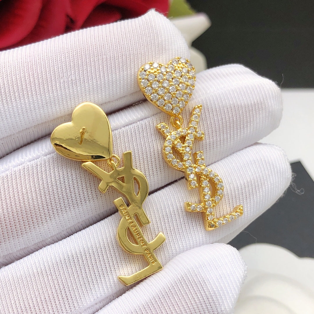Saint Laurent Crystal Heart Monogram Drop Earrings in Two Metal Tones - album image 4