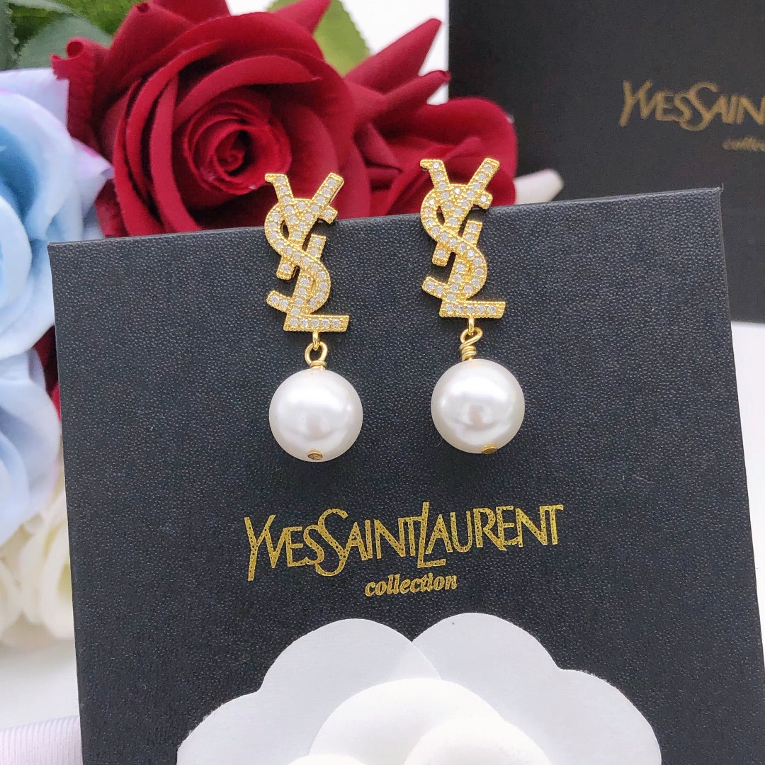Saint Laurent Gold-Tone Crystal Monogram Pearl Drop Earrings - album image 1
