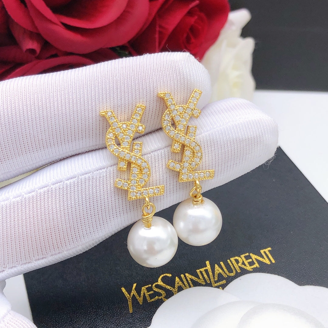 Saint Laurent Gold-Tone Crystal Monogram Pearl Drop Earrings - album image 3