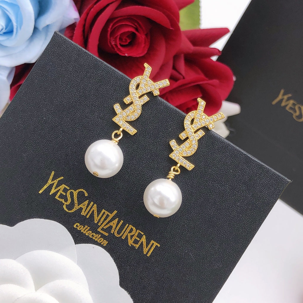 Saint Laurent Gold-Tone Crystal Monogram Pearl Drop Earrings - album image 2