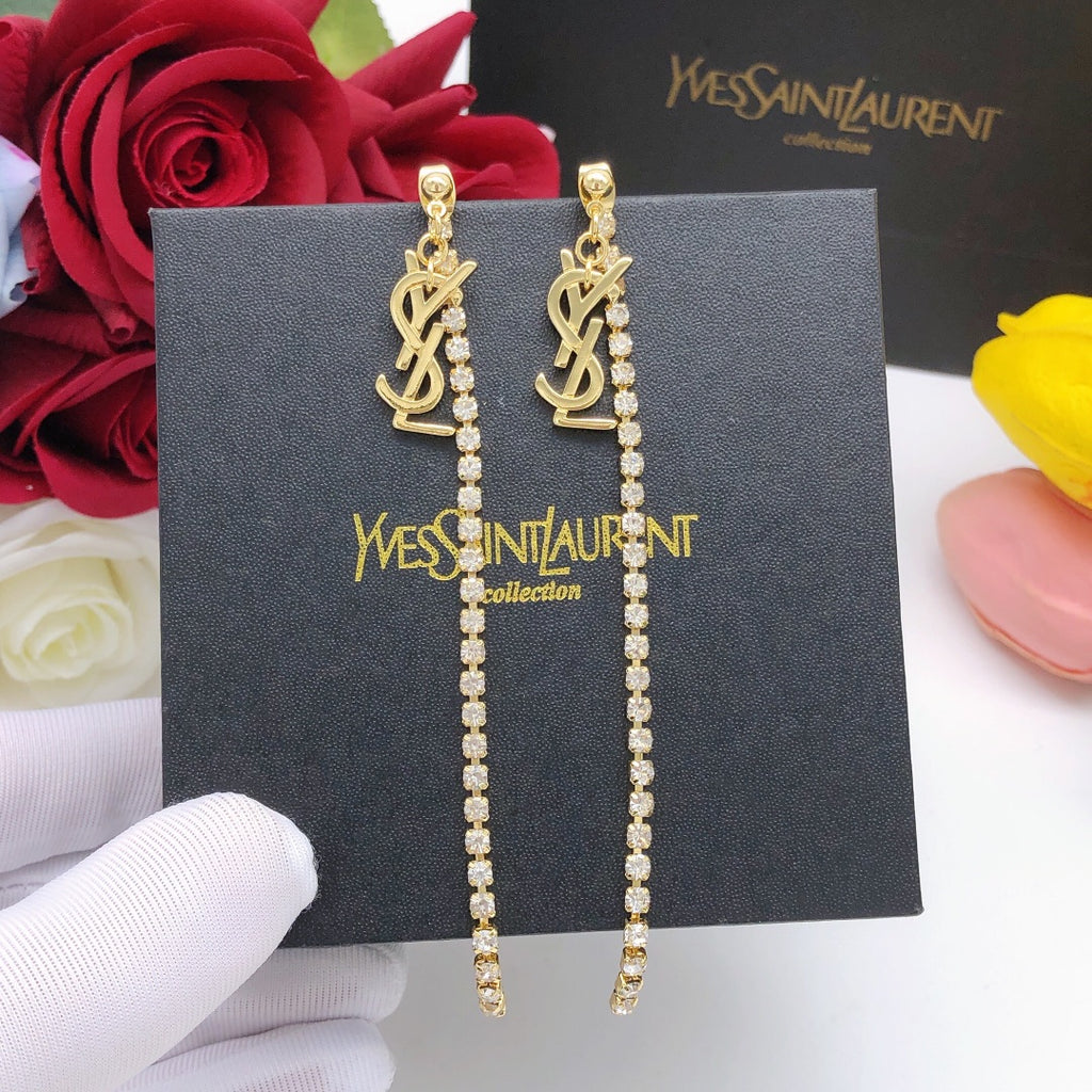 Saint Laurent Gold-Tone Crystal Monogram Long Chain Earrings - album image 1