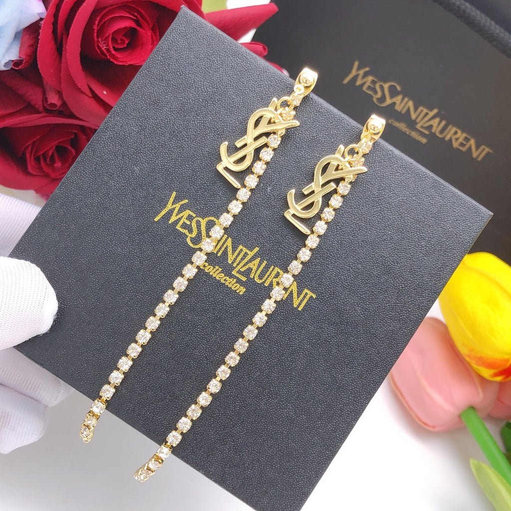 Saint Laurent Gold-Tone Crystal Monogram Long Chain Earrings - album image 2