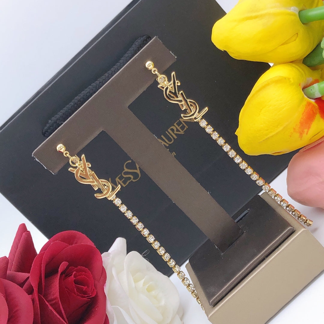 Saint Laurent Gold-Tone Crystal Monogram Long Chain Earrings - album image 7