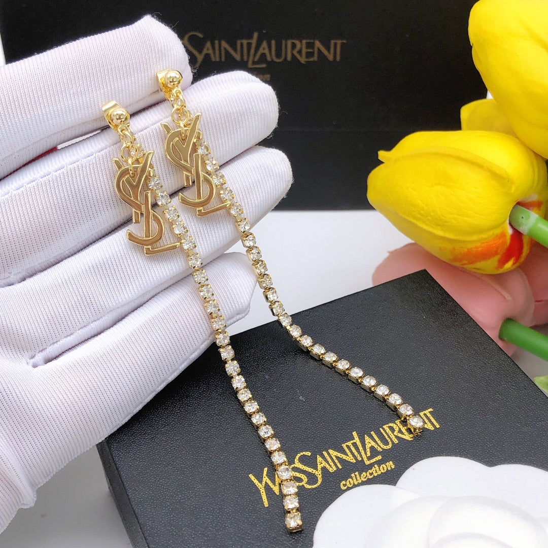 Saint Laurent Gold-Tone Crystal Monogram Long Chain Earrings - album image 3