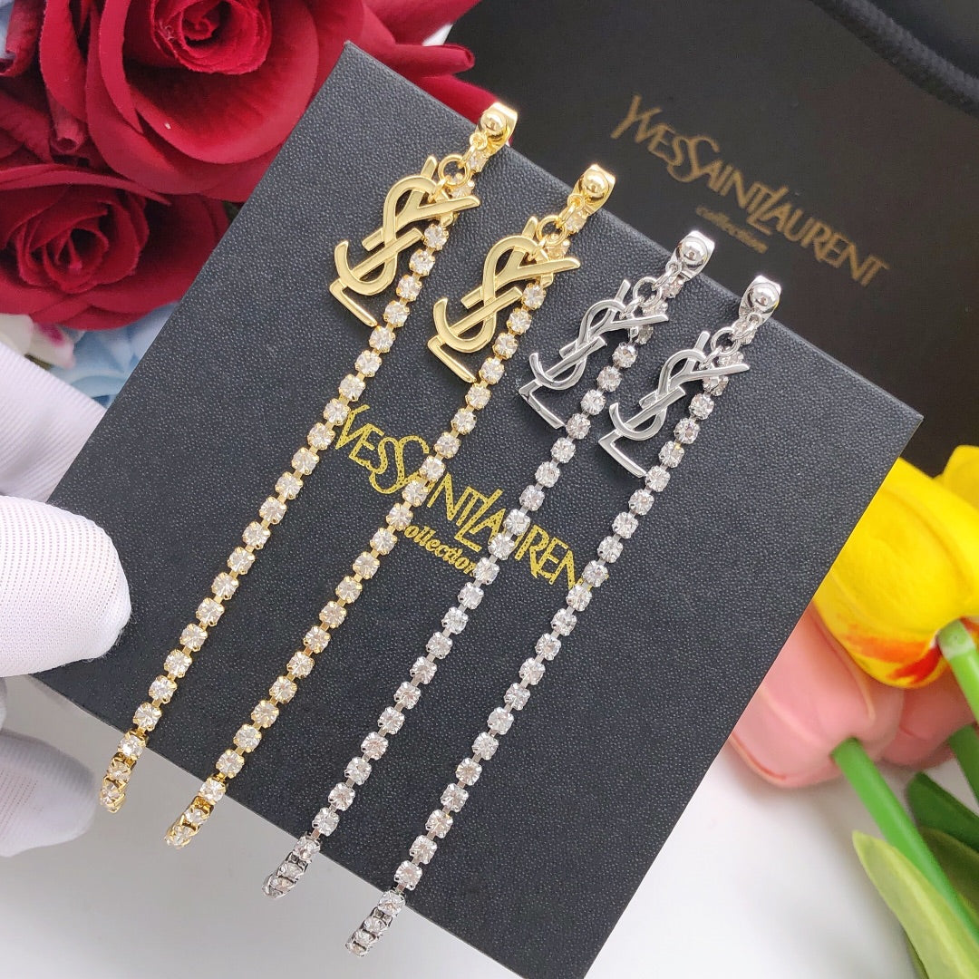 Saint Laurent Gold-Tone Crystal Monogram Long Chain Earrings - album image 9