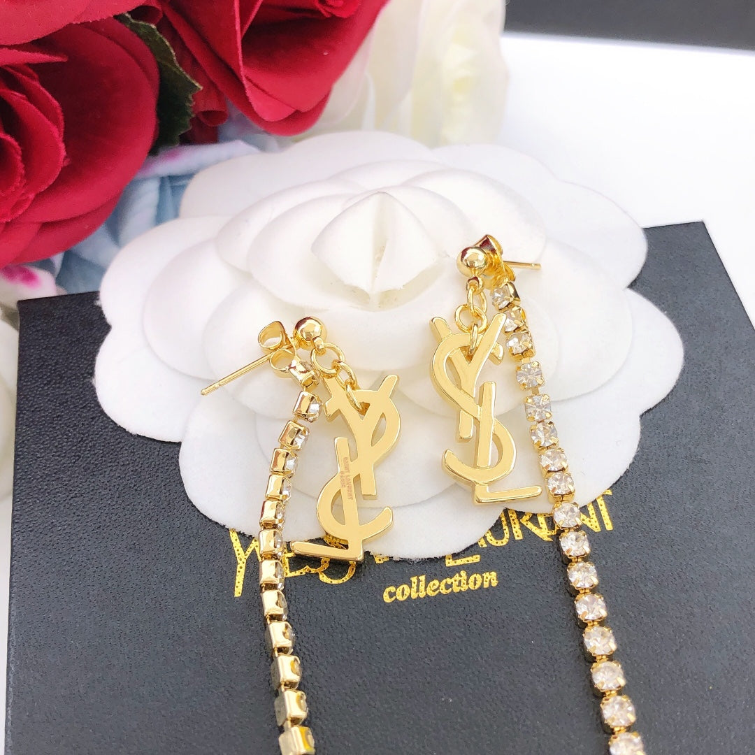Saint Laurent Gold-Tone Crystal Monogram Long Chain Earrings - album image 5