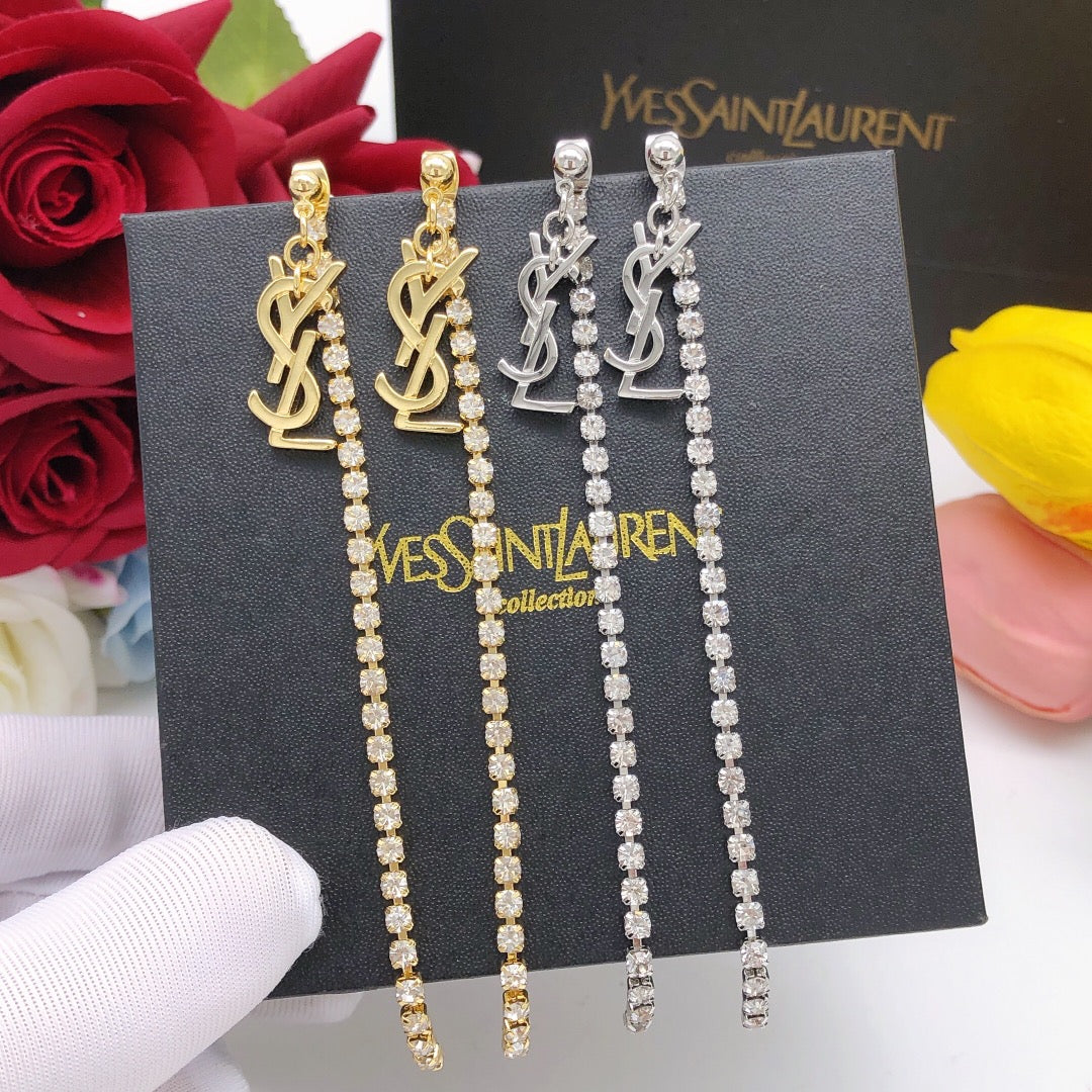 Saint Laurent Gold-Tone Crystal Monogram Long Chain Earrings - album image 8