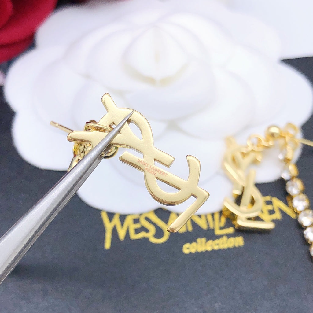 Saint Laurent Gold-Tone Crystal Monogram Long Chain Earrings - album image 6