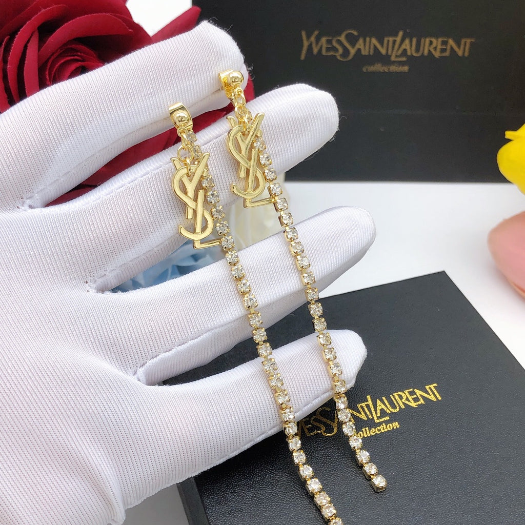 Saint Laurent Gold-Tone Crystal Monogram Long Chain Earrings - album image 4