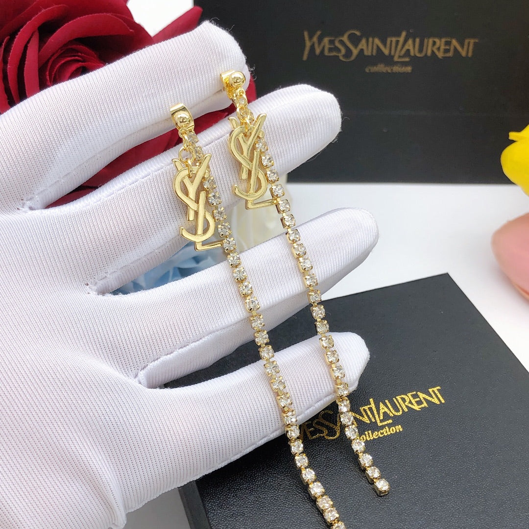 Saint Laurent Gold-Tone Crystal Monogram Long Chain Earrings - album image 4
