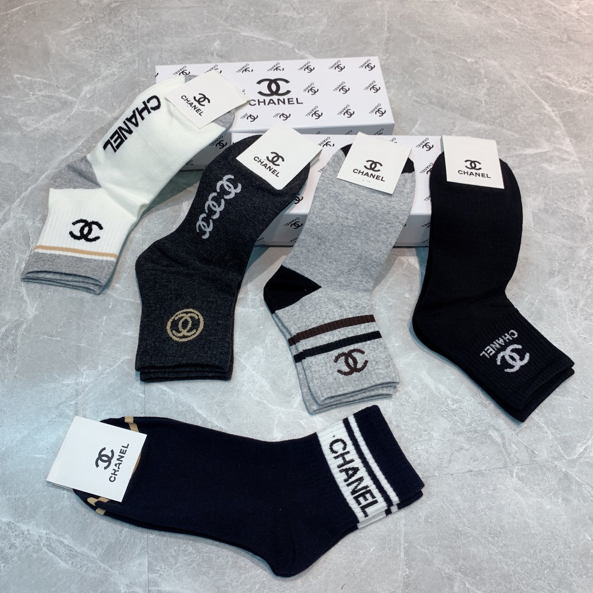 Chanel mixed lettered neutral cuff crew socks - view 4