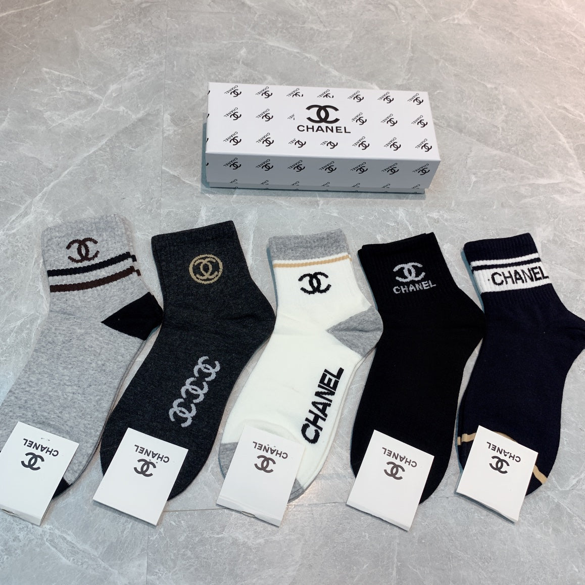 Chanel mixed lettered neutral cuff crew socks - view 1