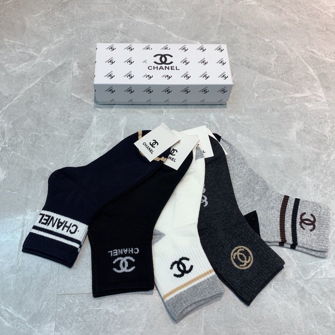 Chanel mixed lettered neutral cuff crew socks - view 6