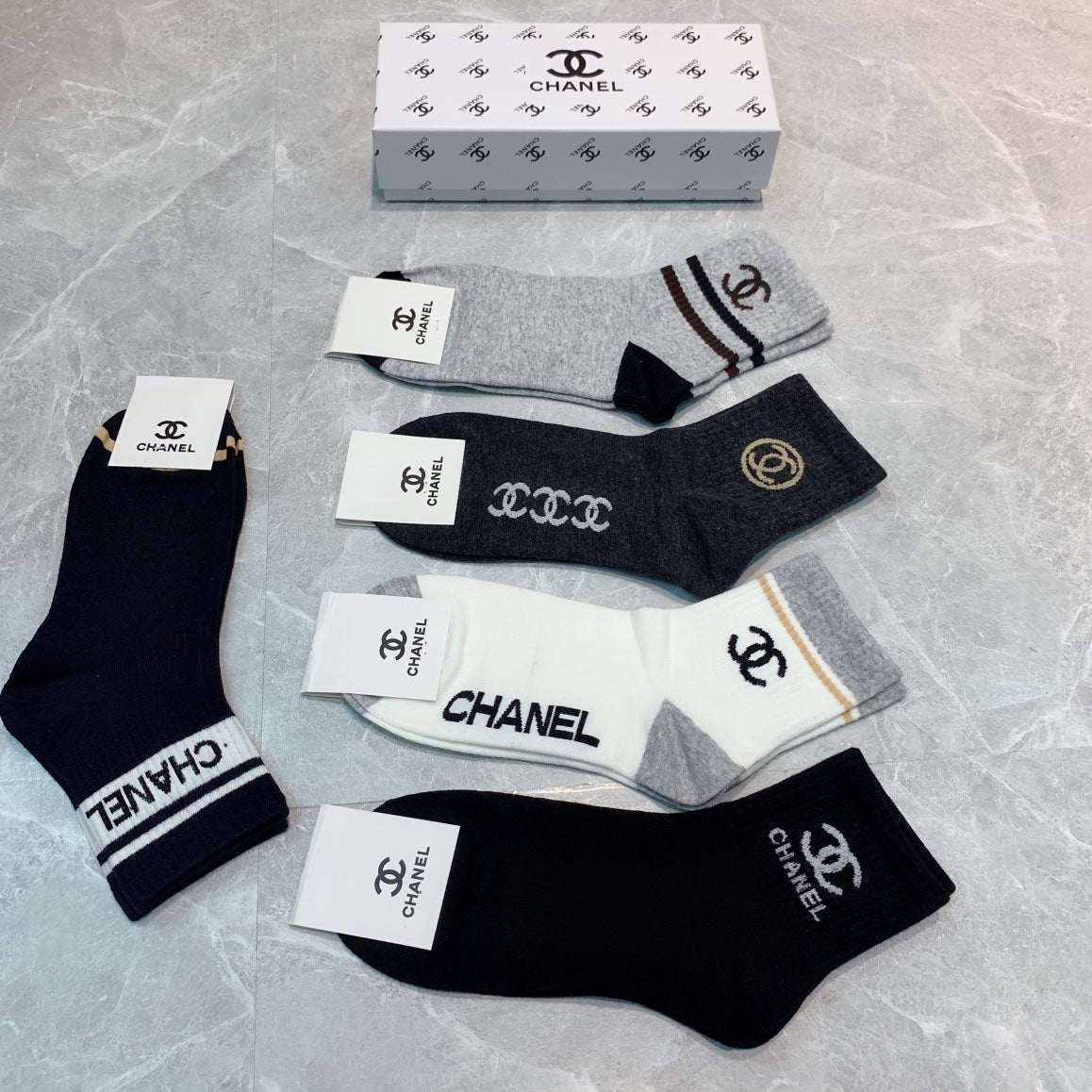 Chanel mixed lettered neutral cuff crew socks - view 5