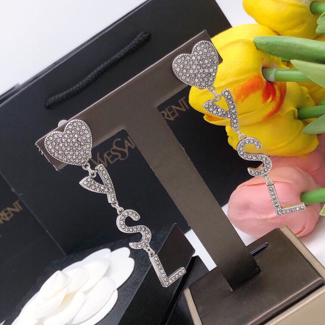 Saint Laurent Crystal Heart and Monogram Chain Drop Earrings - album image 8