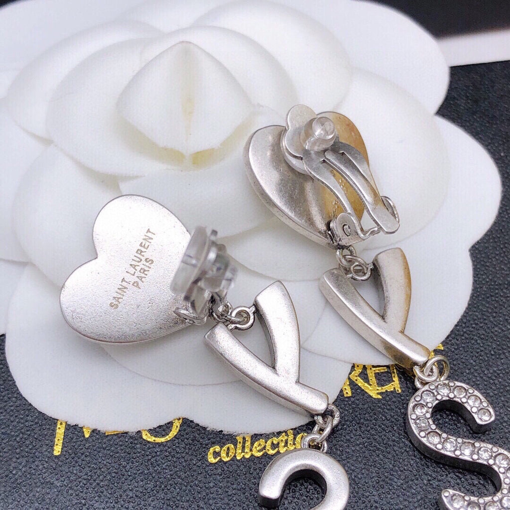 Saint Laurent Crystal Heart and Monogram Chain Drop Earrings - album image 7