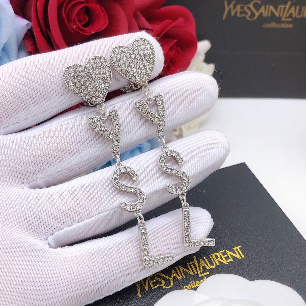 Saint Laurent Crystal Heart and Monogram Chain Drop Earrings - album image 5