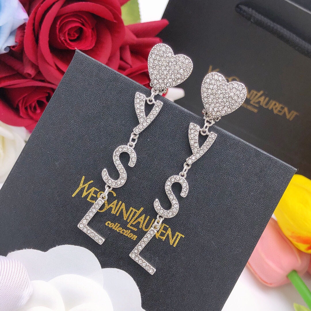 Saint Laurent Crystal Heart and Monogram Chain Drop Earrings - album image 2