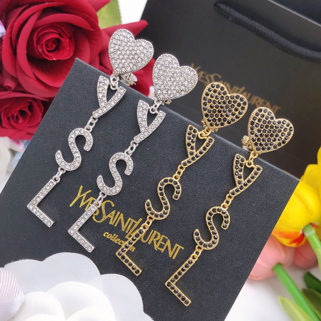 Saint Laurent Crystal Heart and Monogram Chain Drop Earrings - album image 4