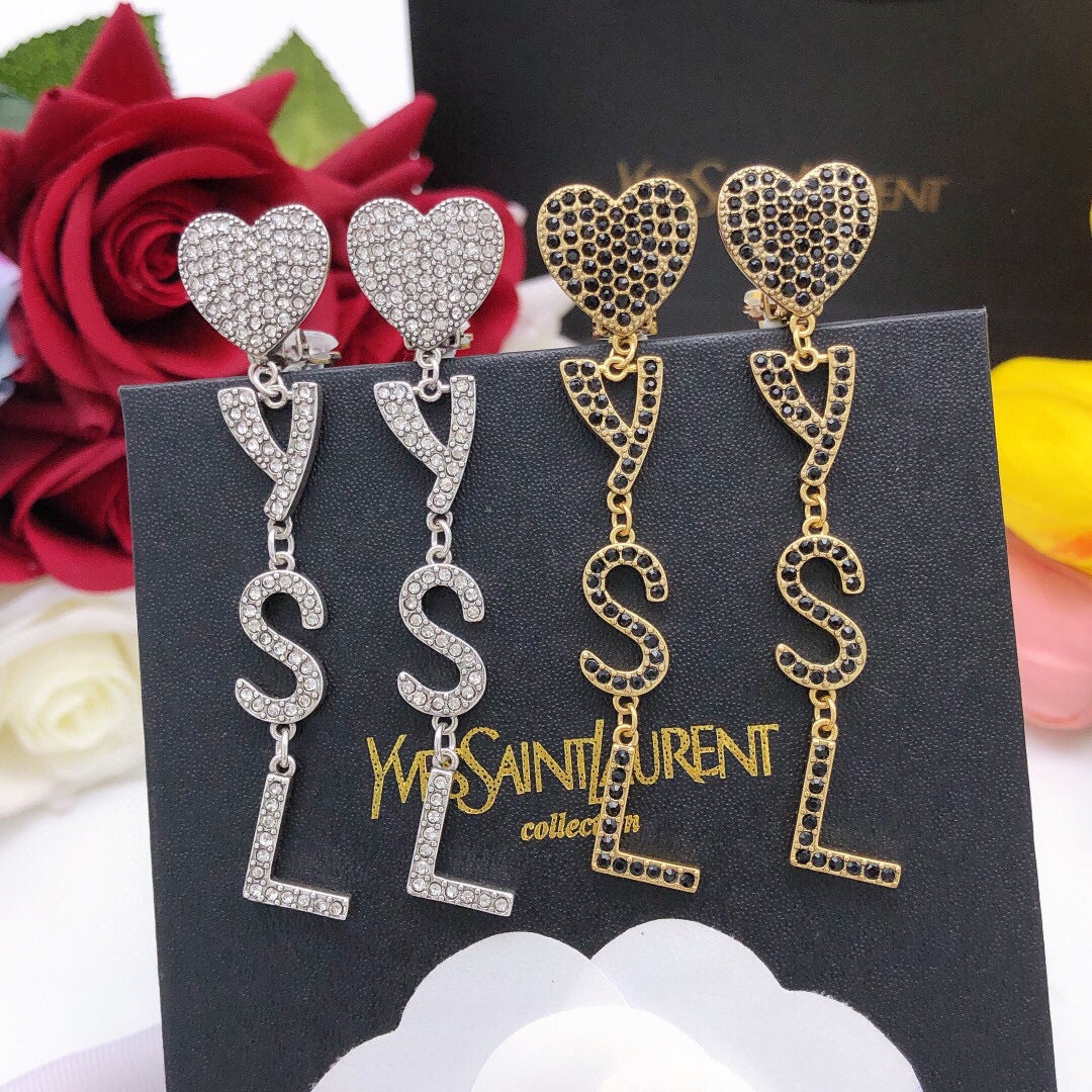 Saint Laurent Crystal Heart and Monogram Chain Drop Earrings - album image 3