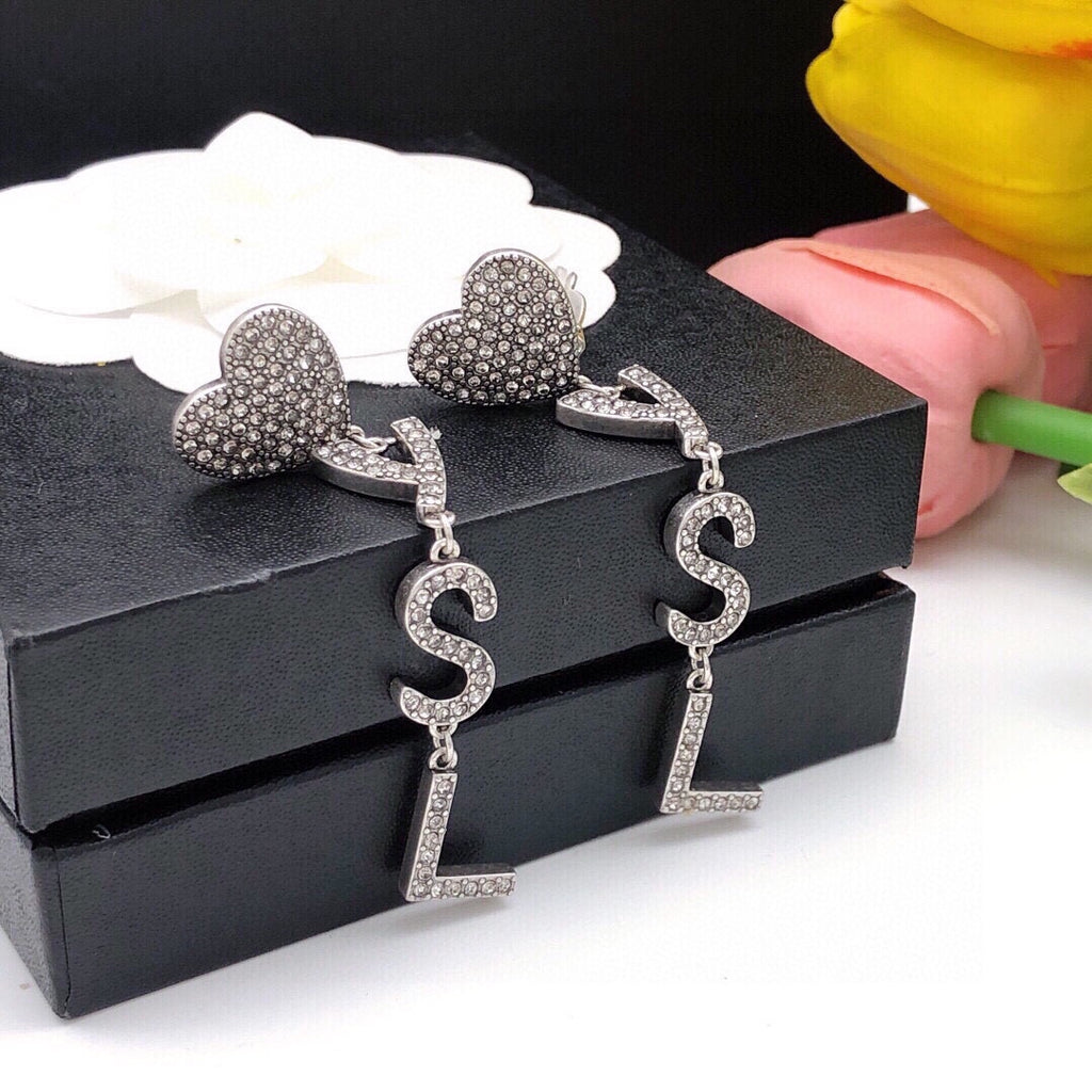 Saint Laurent Crystal Heart and Monogram Chain Drop Earrings - album image 9