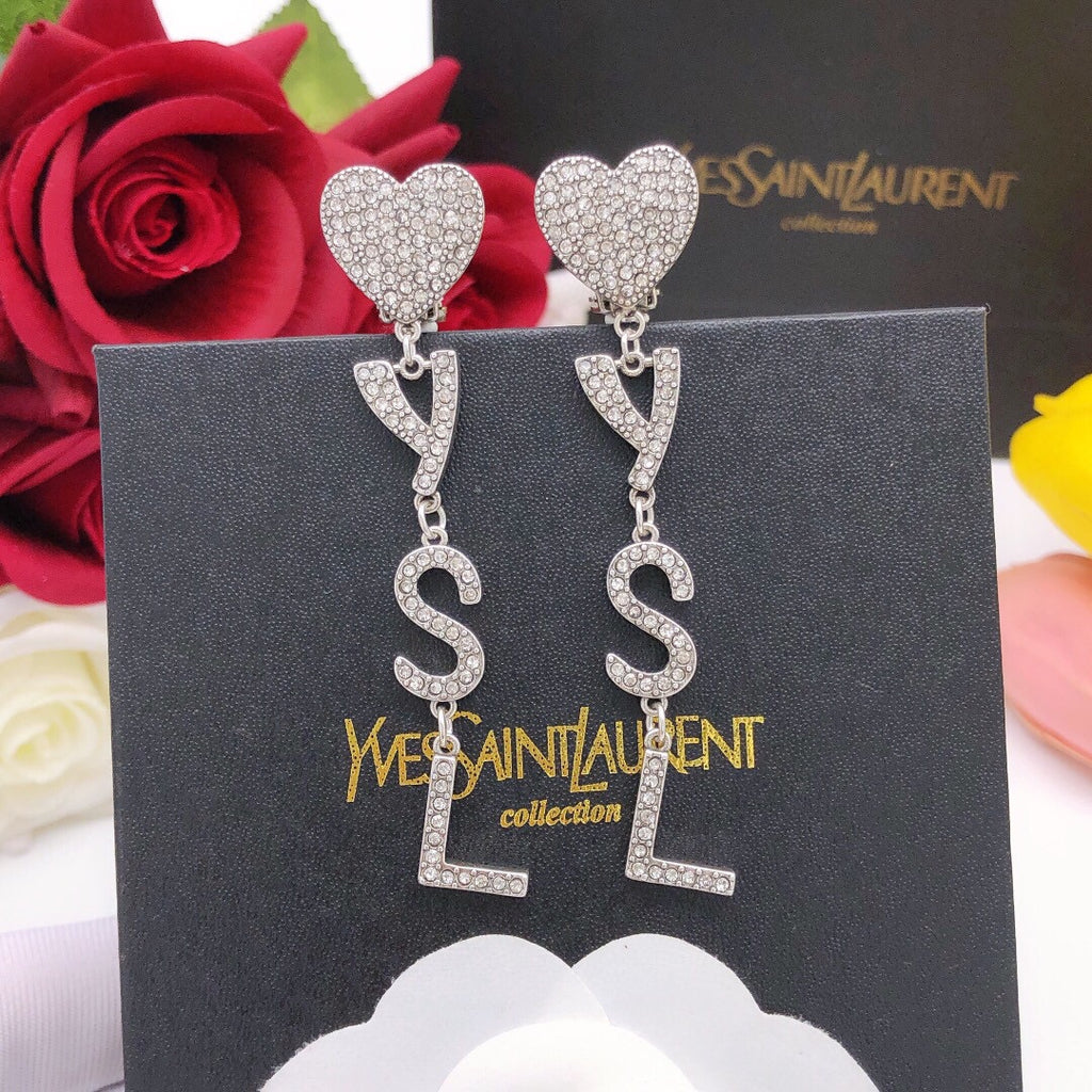 Saint Laurent Crystal Heart and Monogram Chain Drop Earrings - album image 1