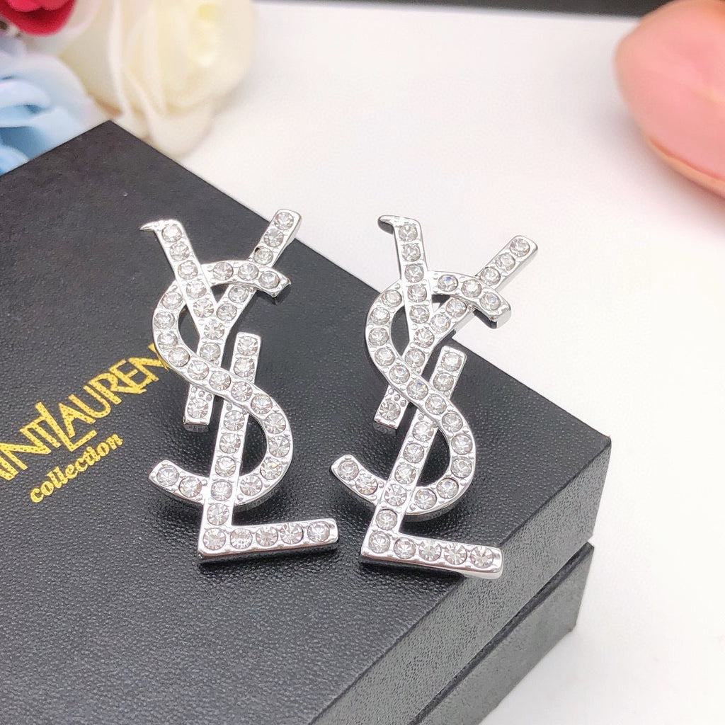 Saint Laurent Silver-Tone Crystal Monogram Stud Earrings - album image 7