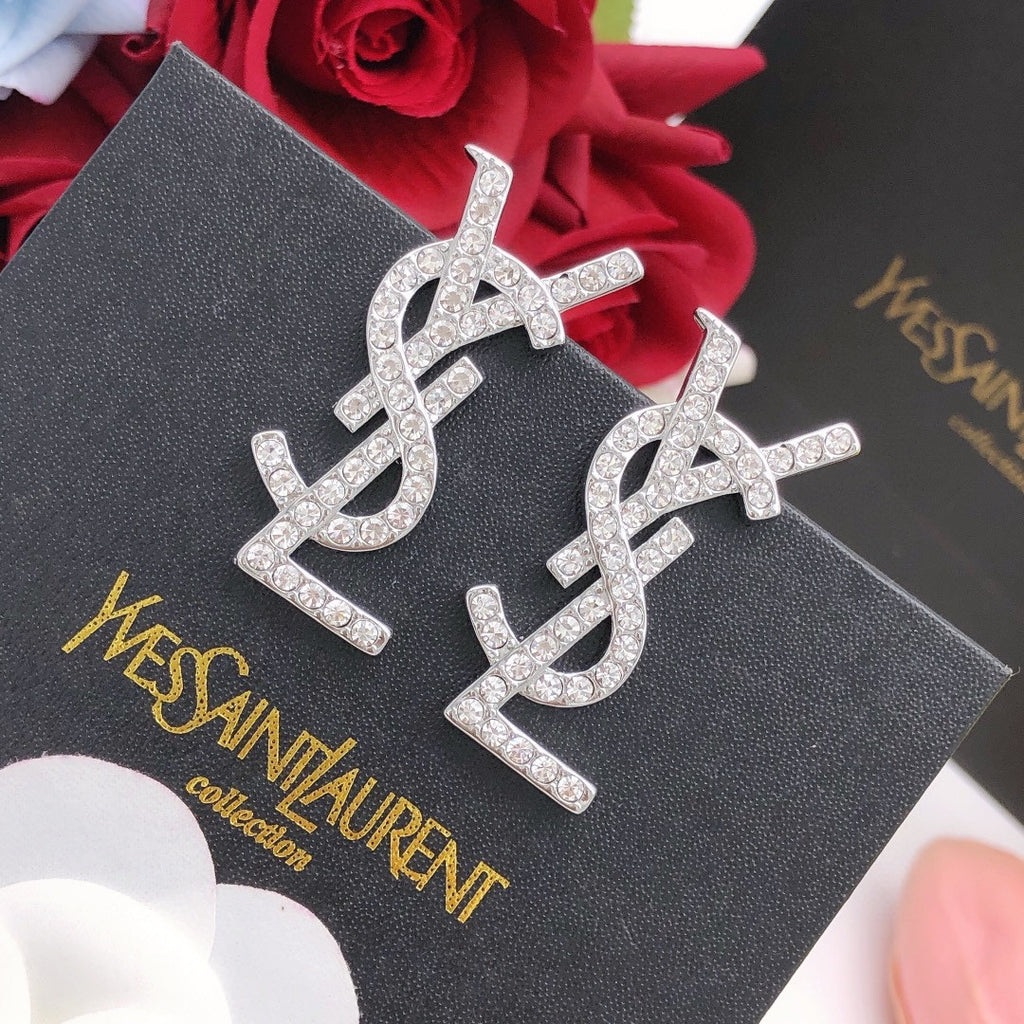 Saint Laurent Silver-Tone Crystal Monogram Stud Earrings - album image 2