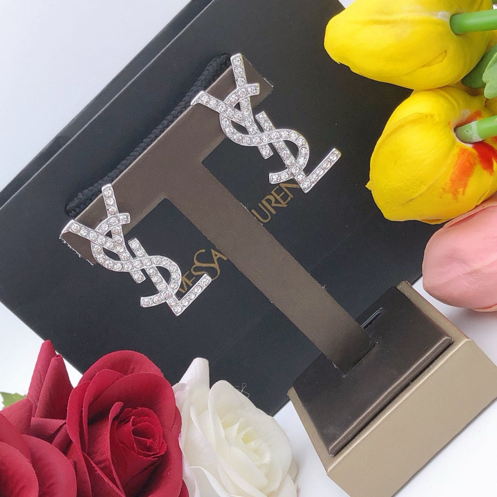 Saint Laurent Silver-Tone Crystal Monogram Stud Earrings - album image 9