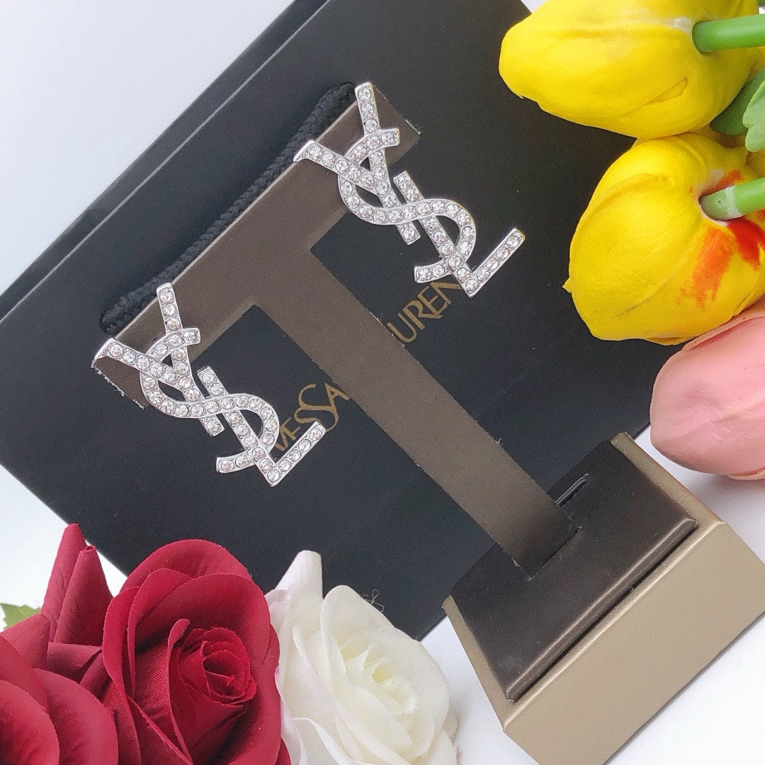 Saint Laurent Silver-Tone Crystal Monogram Stud Earrings - album image 9