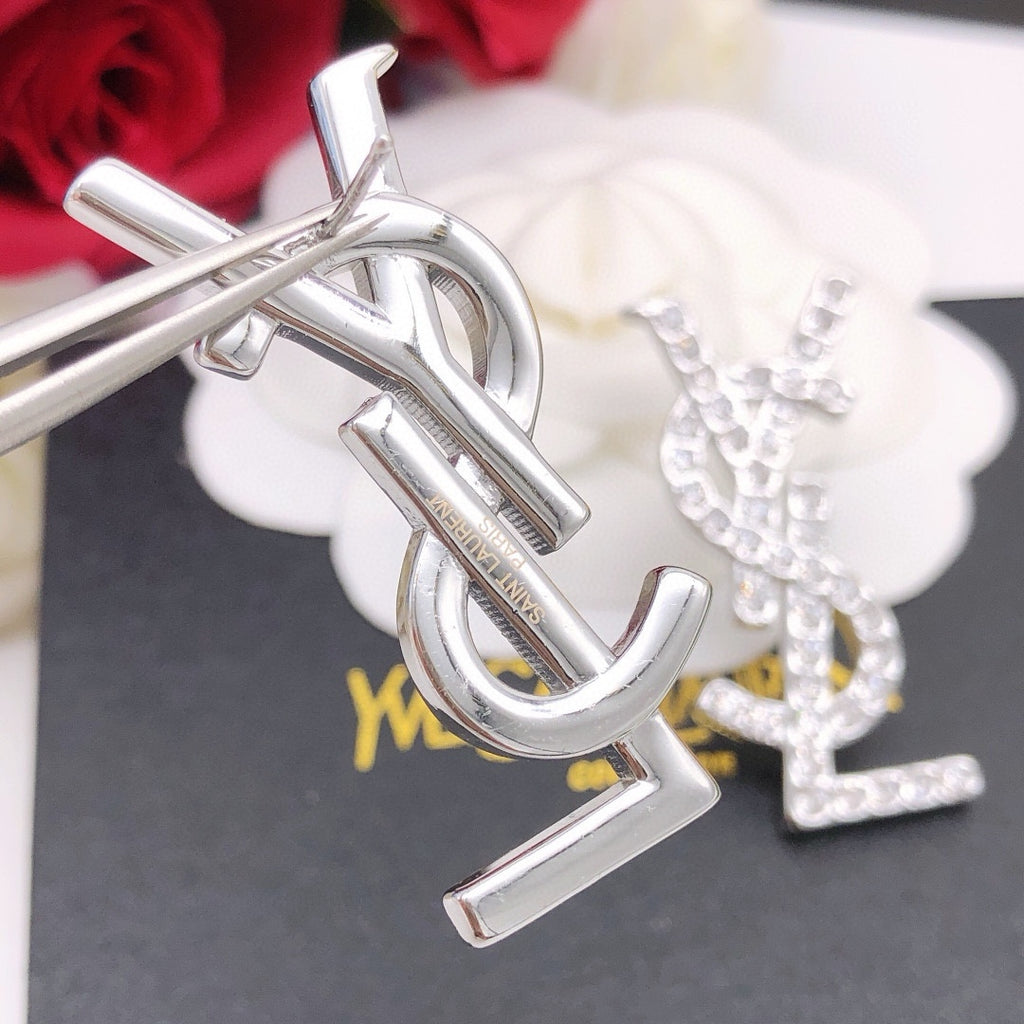 Saint Laurent Silver-Tone Crystal Monogram Stud Earrings - album image 5