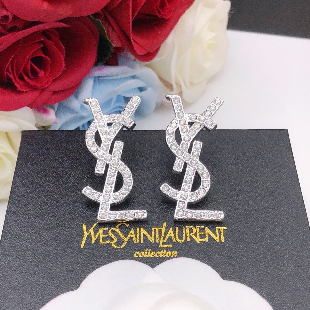 Saint Laurent Silver-Tone Crystal Monogram Stud Earrings - album image 3
