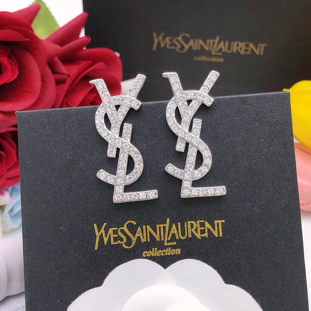 Saint Laurent Silver-Tone Crystal Monogram Stud Earrings - album image 1