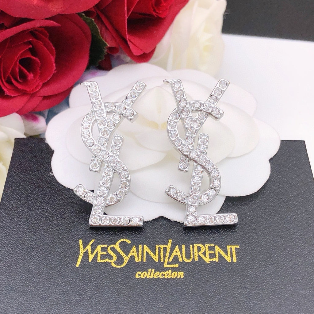 Saint Laurent Silver-Tone Crystal Monogram Stud Earrings - album image 4
