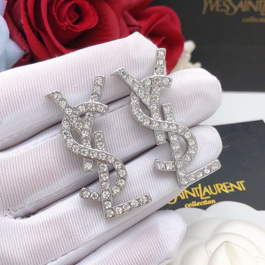 Saint Laurent Silver-Tone Crystal Monogram Stud Earrings - album image 6