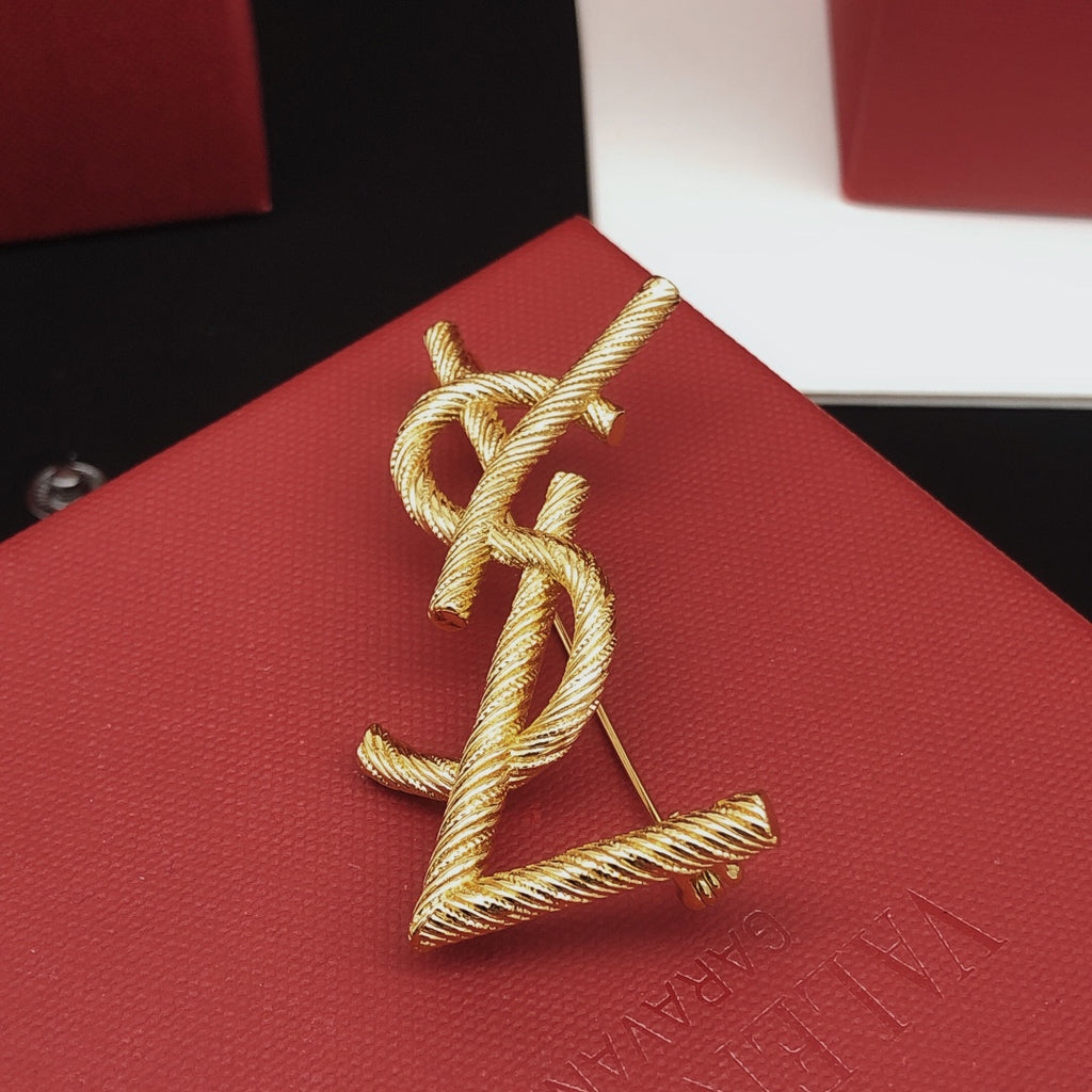 Saint Laurent Gold-Tone Textured Monogram Brooch - album image 6