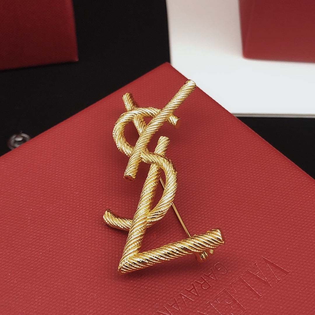 Saint Laurent Gold-Tone Textured Monogram Brooch - album image 6