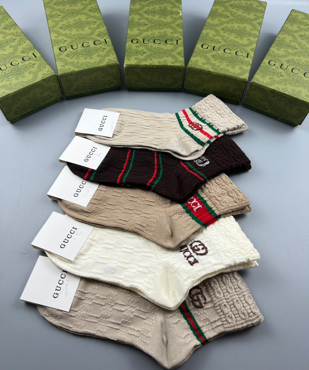 Gucci Beige Crew Socks with logo bands and red-green stripes - image 8