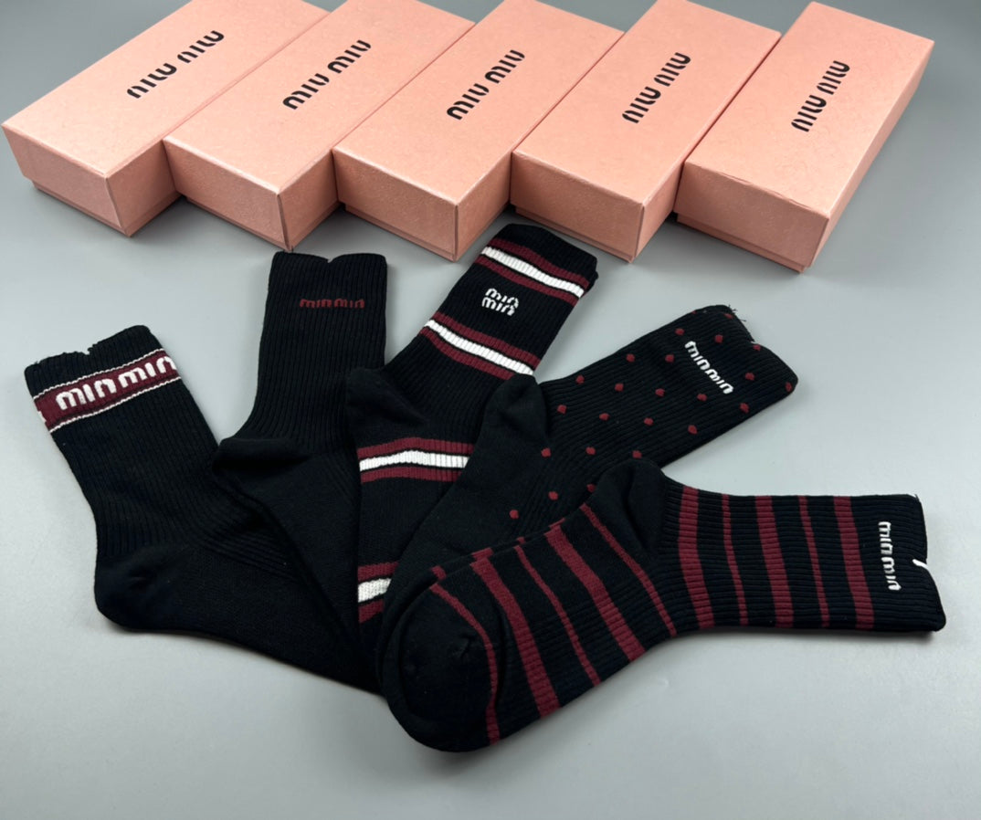 Miu Miu burgundy stripe mix crew socks, image 4
