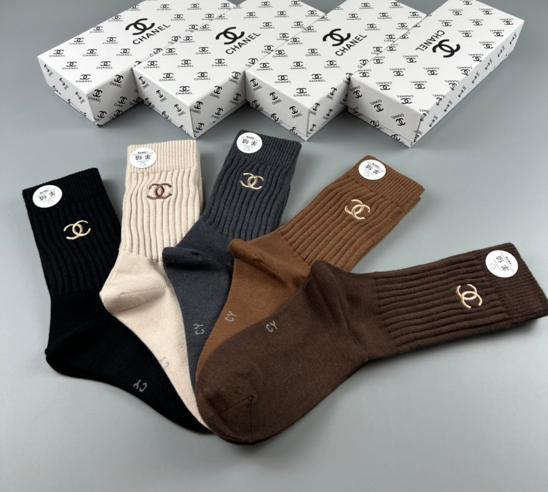 Chanel ribbed earth tone emblem crew socks - view 7