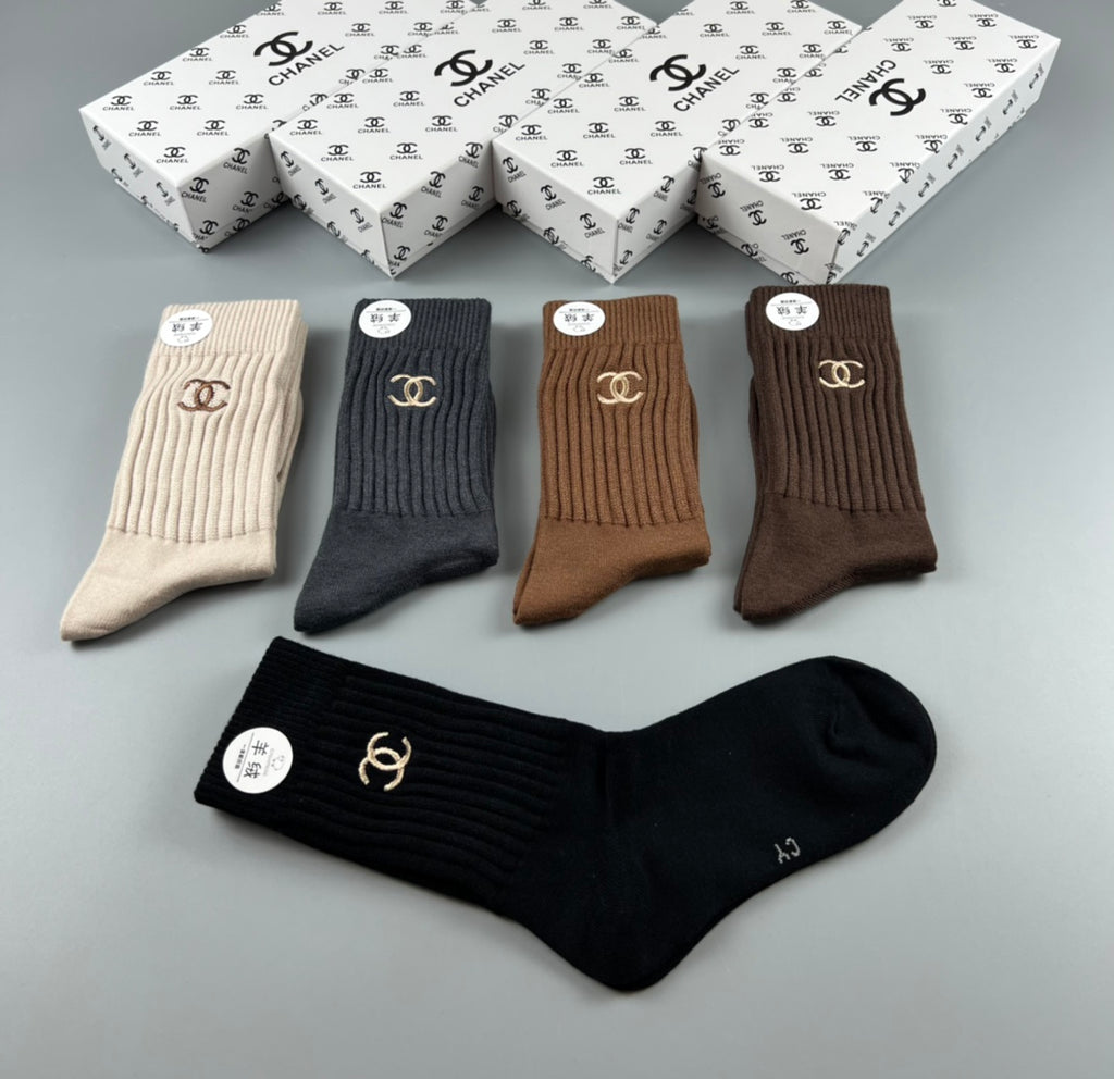 Chanel ribbed earth tone emblem crew socks - view 2