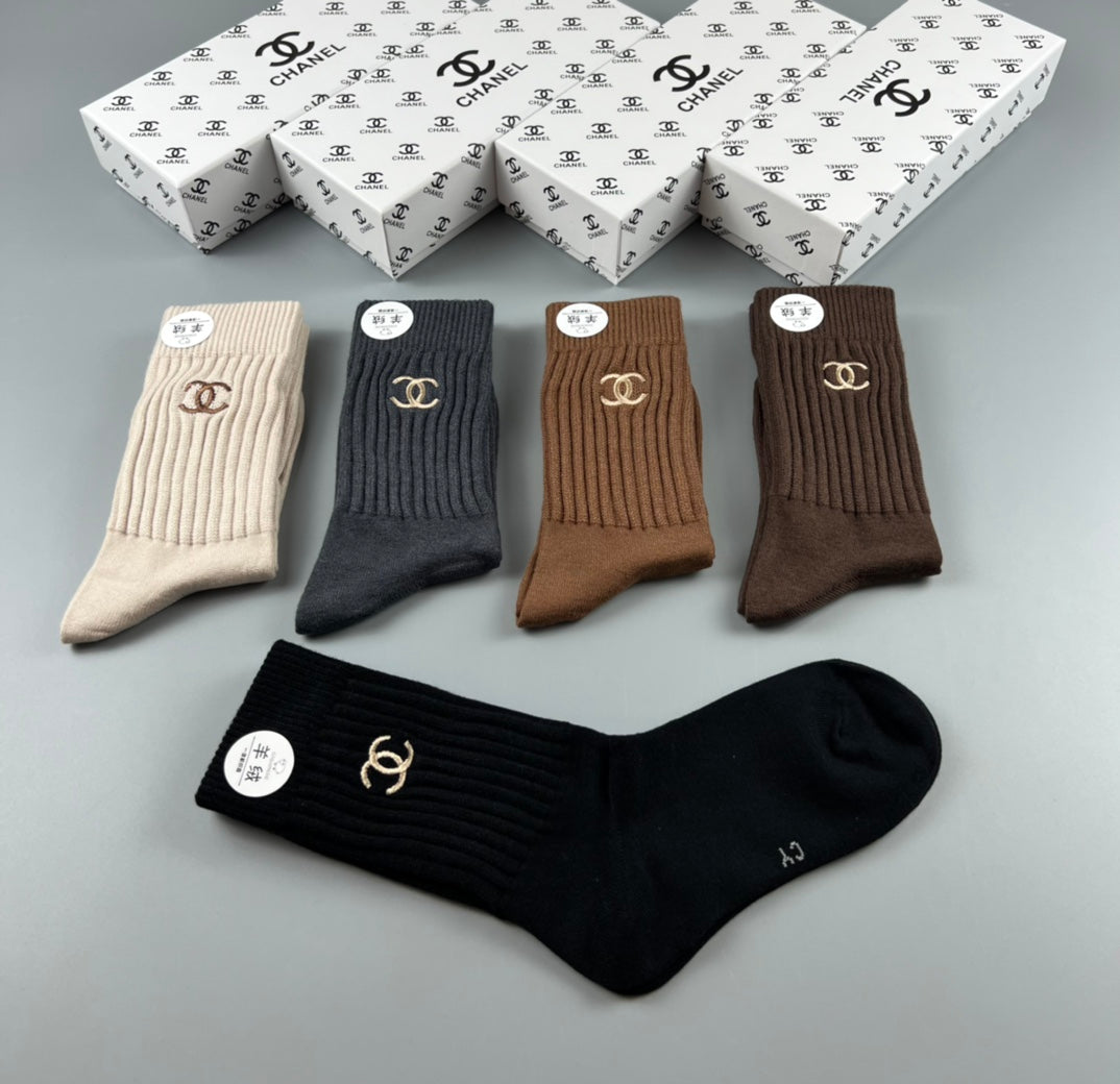 Chanel ribbed earth tone emblem crew socks - view 2