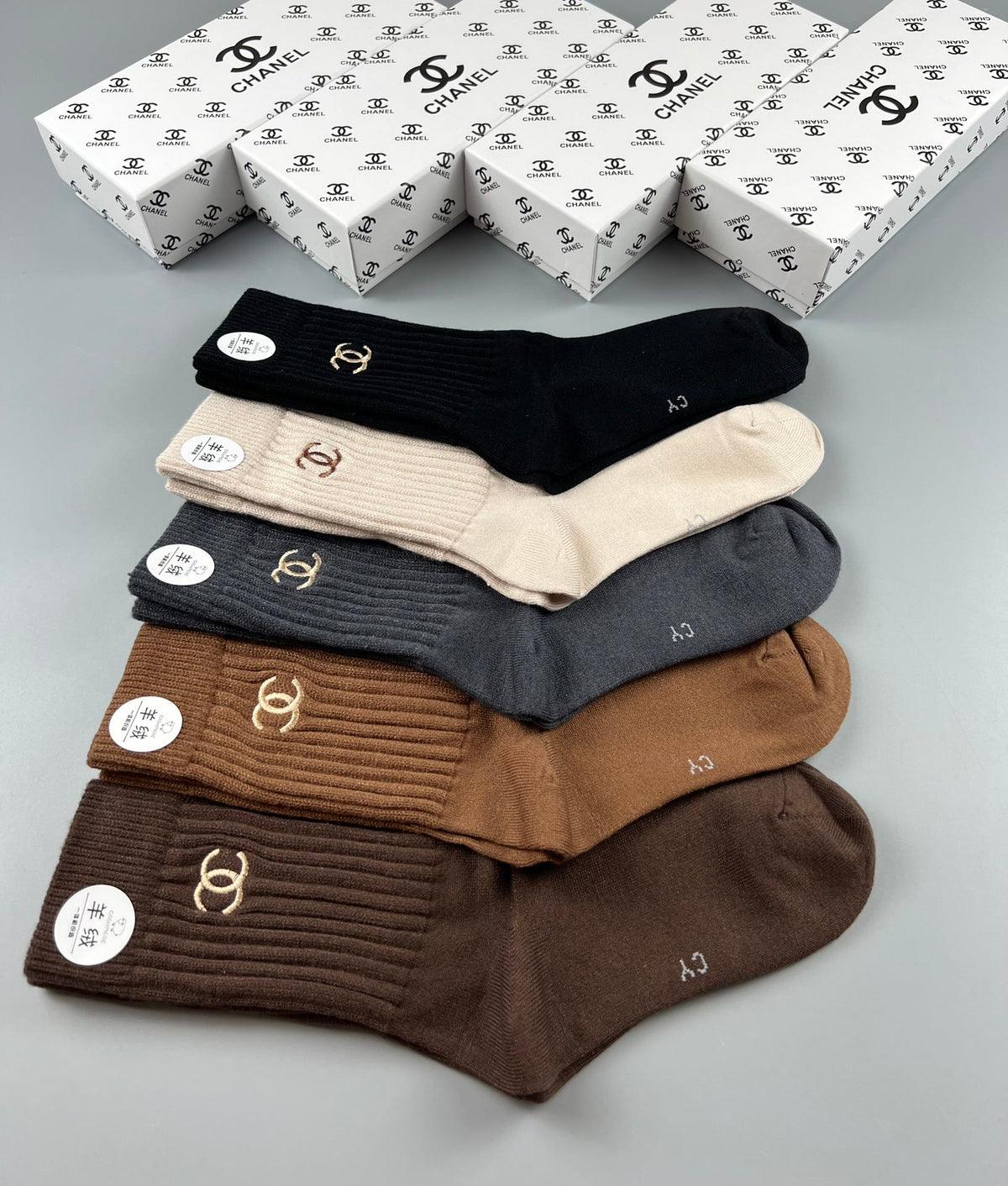 Chanel ribbed earth tone emblem crew socks - view 8