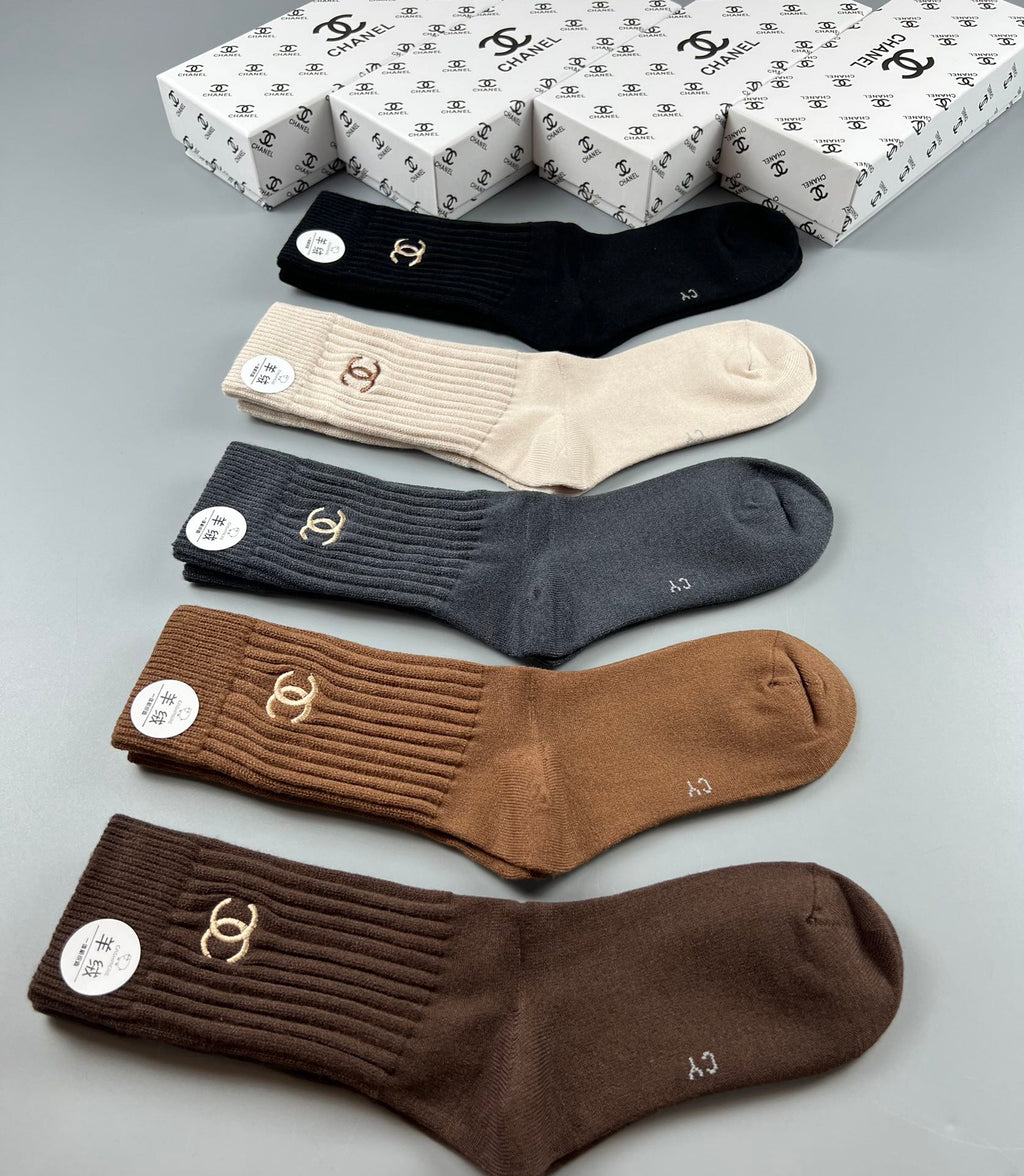 Chanel ribbed earth tone emblem crew socks - view 9