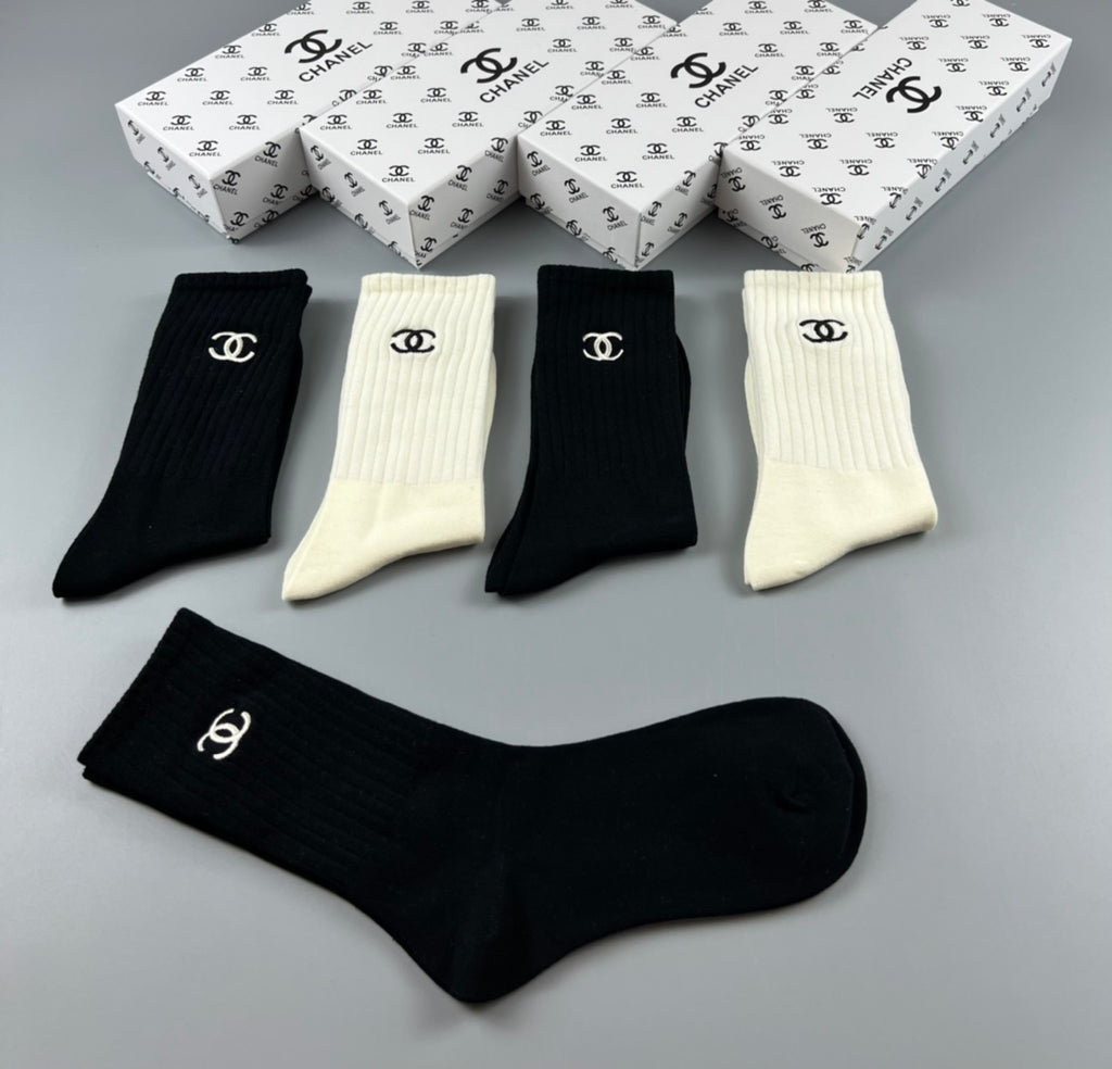 Chanel black cream ribbed emblem crew socks - view 7