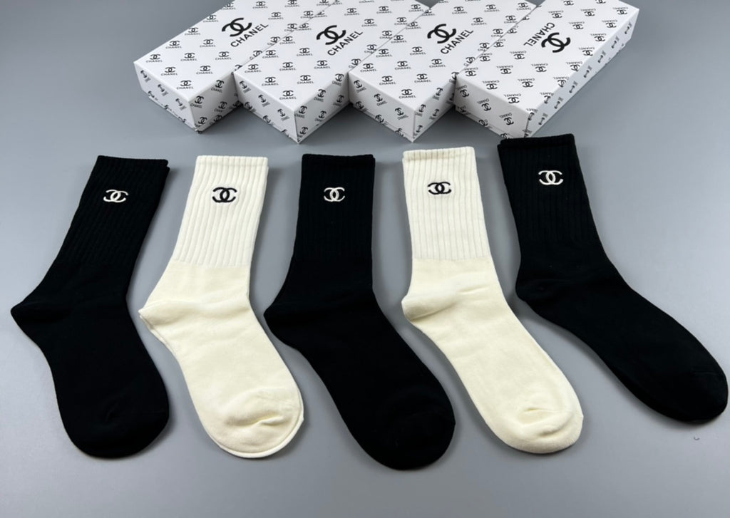 Chanel black cream ribbed emblem crew socks - view 1