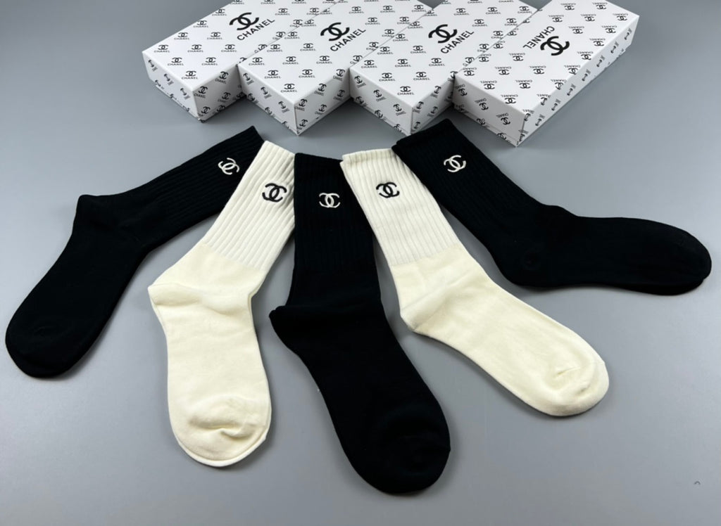 Chanel black cream ribbed emblem crew socks - view 2